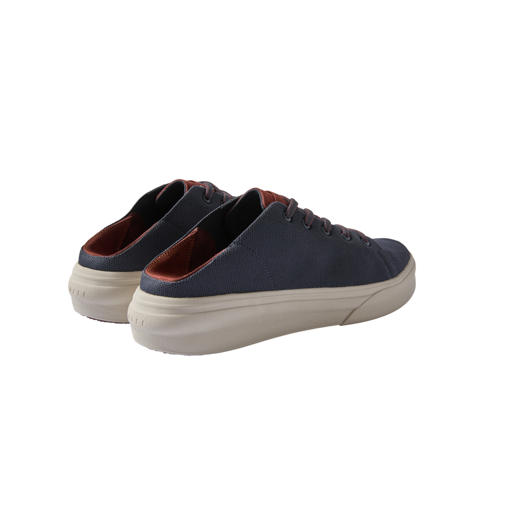 Atlantic men's shoes facing left, rear and side view showing navy canvas upper and cushioned sole for beach comfort.