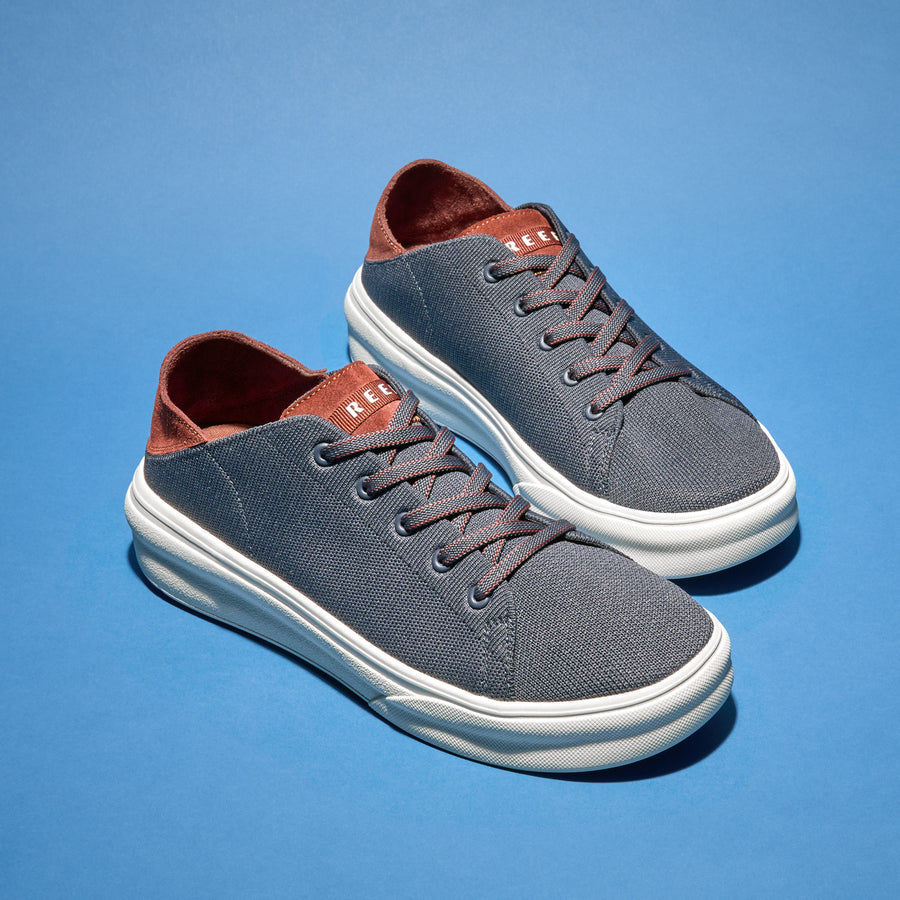 Atlantic men's sneakers facing forward right, navy and cappuccino, comfort-focused with arch support and cushioning