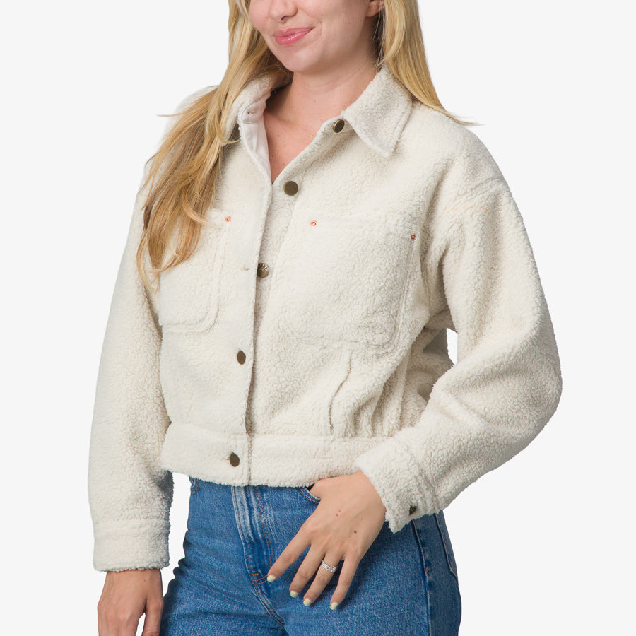 Woman wearing a cream Sammie Sherpa Jacket facing front, showing full upper body with hands relaxed at sides