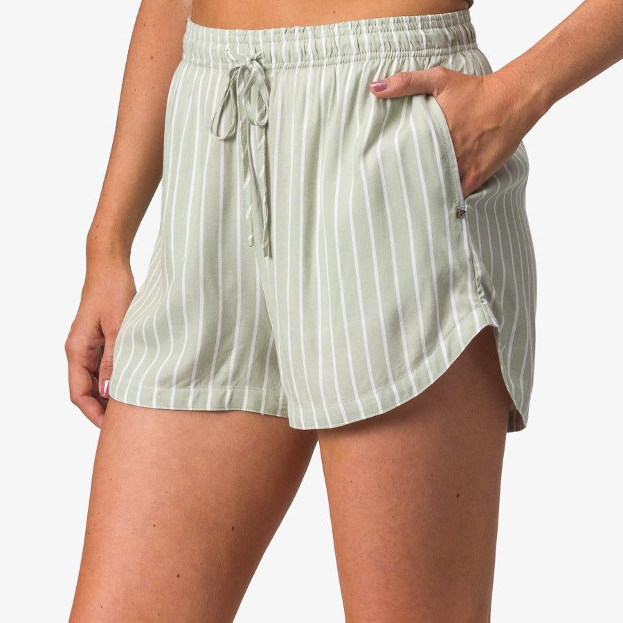 Sandy Stripe Short front view in desert sage stripe, close-up of soft, lightweight fabric with elastic waist and side pockets