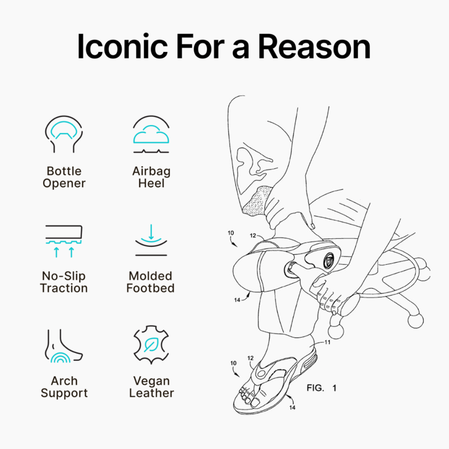 Diagram showing the right Fanning sandal with airbag heel, molded footbed, arch support, no-slip traction, bottle opener, and vegan leather features.