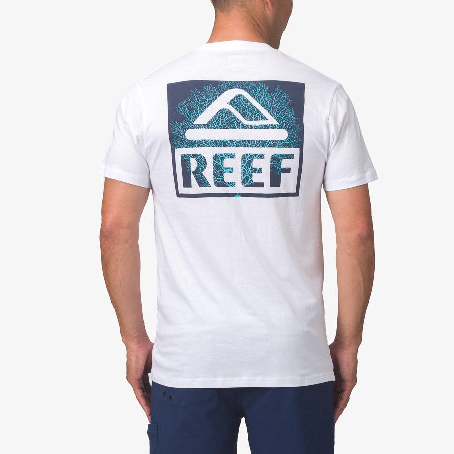 Back view of a man wearing the white Seafan Tee with a blue reef logo, styled for beach comfort and active lifestyles.