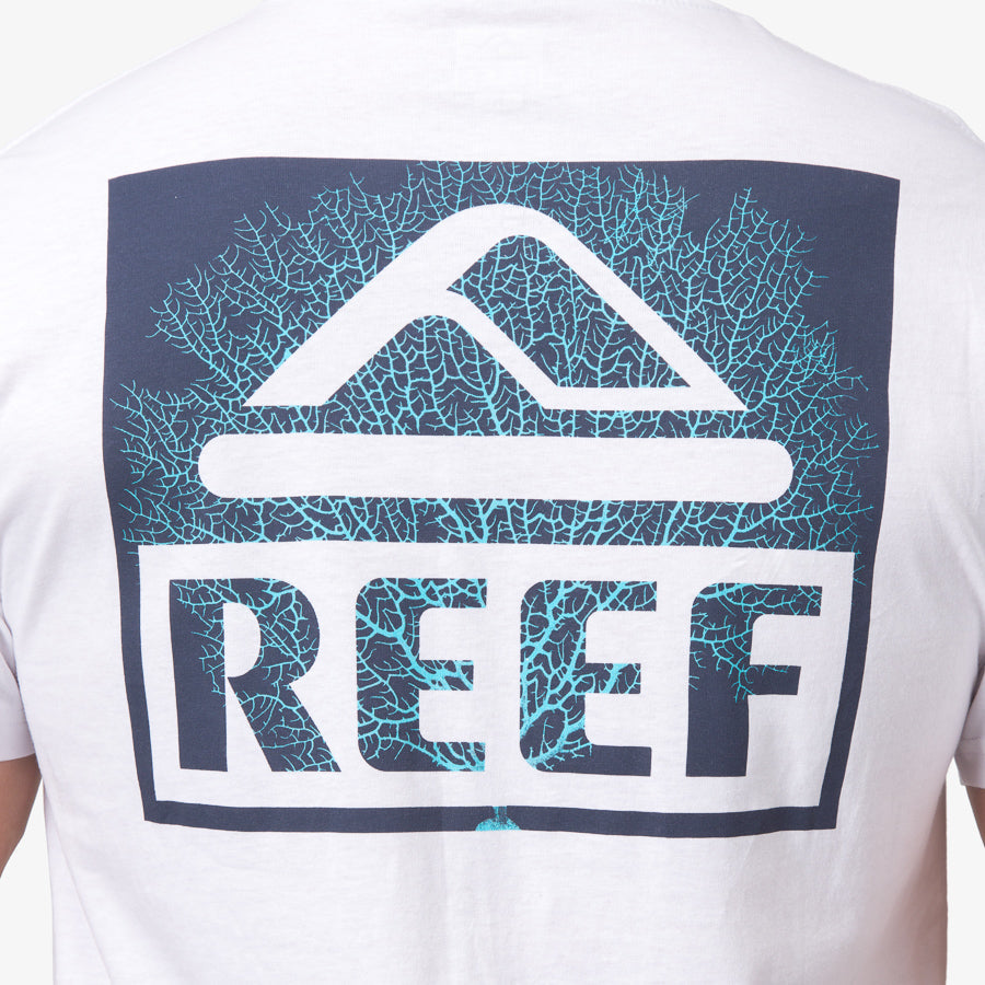 Back view of men's white Seafan Tee featuring blue coral reef graphic with REEF logo, beach-inspired comfort apparel.