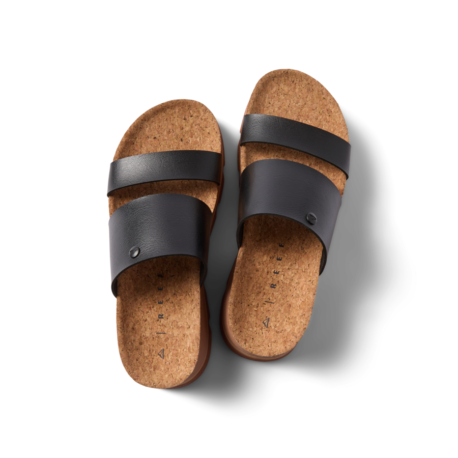 Vista Luxe Siaa women's sandals facing up showing cork footbed with soft-rebound cushioning and black straps.