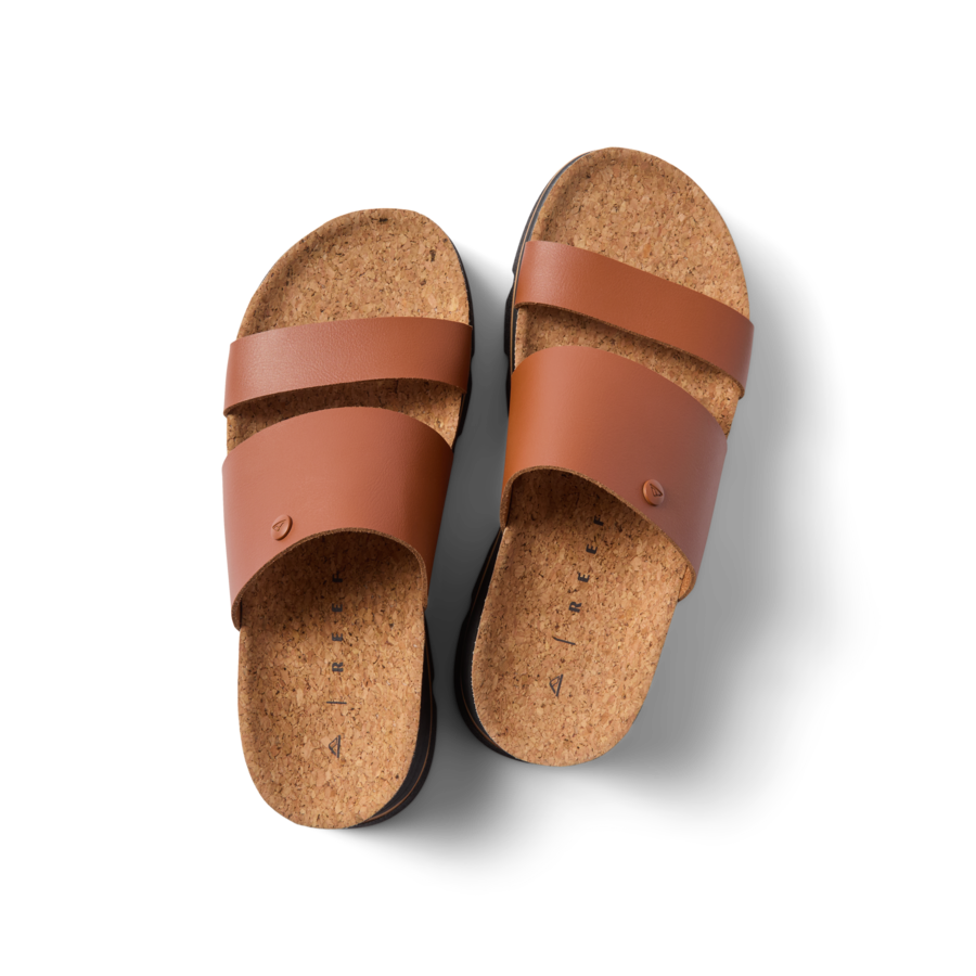 Vista Luxe Siaa women's sandals top view with brown leather straps and cork footbeds, facing upward for beach comfort.