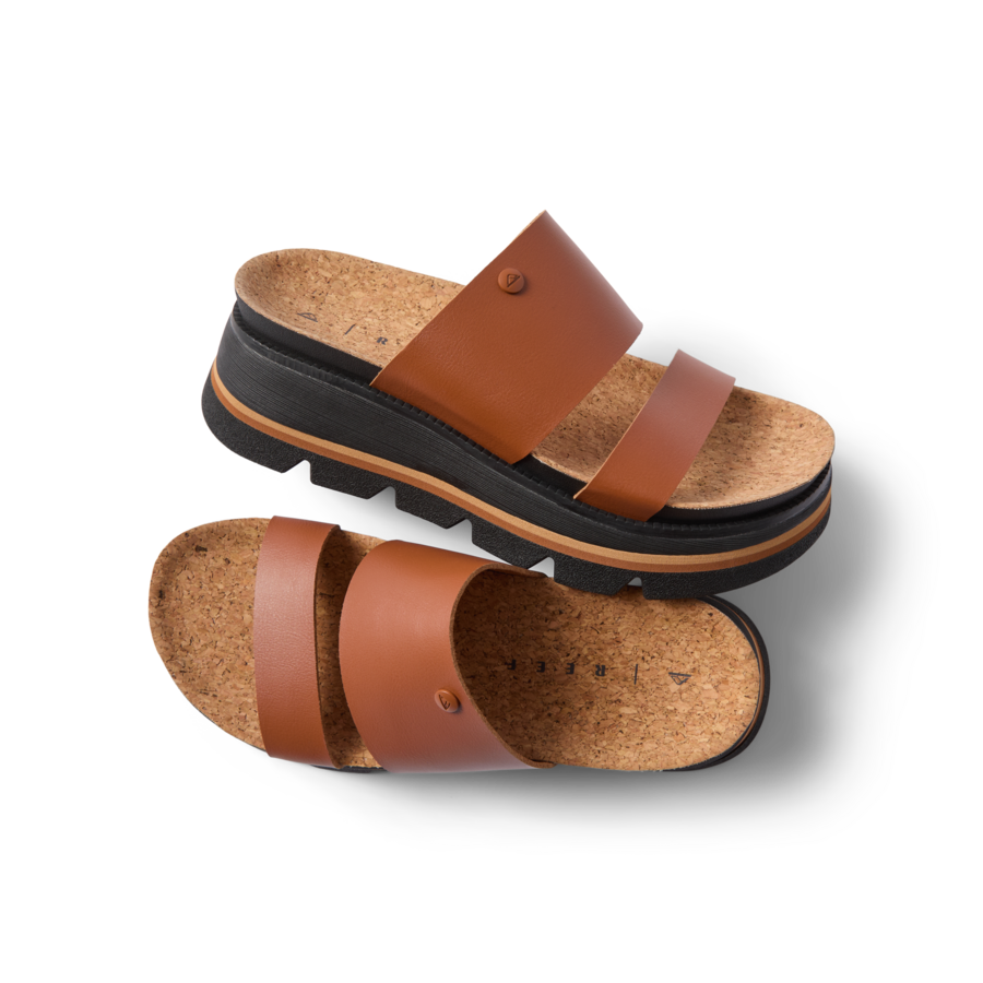 Vista Luxe Siaa women's sandals in cocoa brown facing left with cork footbeds, soft cushioning, and arch support.