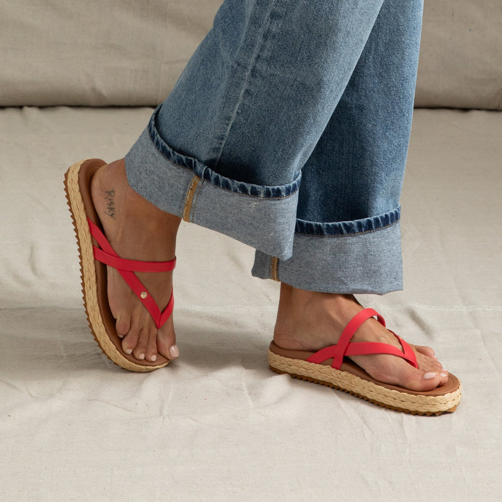 Vista Carmen women's sandals facing right with red straps and cushioned tan sole, showing top and side view in casual wear.