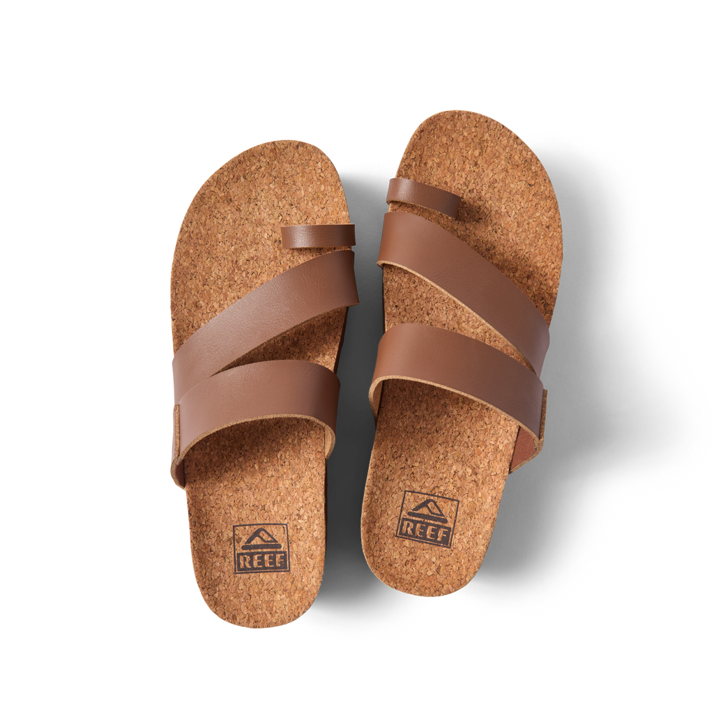 Vista Hi Layla women's sandals top view facing upward with brown straps and cork footbeds, beach-inspired comfort design.