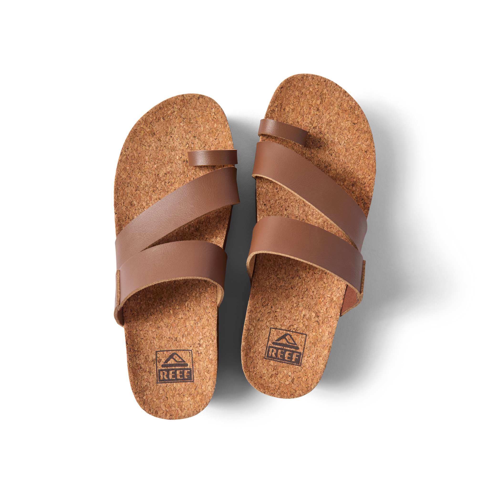 Vista Hi Layla women's sandals top view facing upward with brown straps and cork footbeds, beach-inspired comfort design.