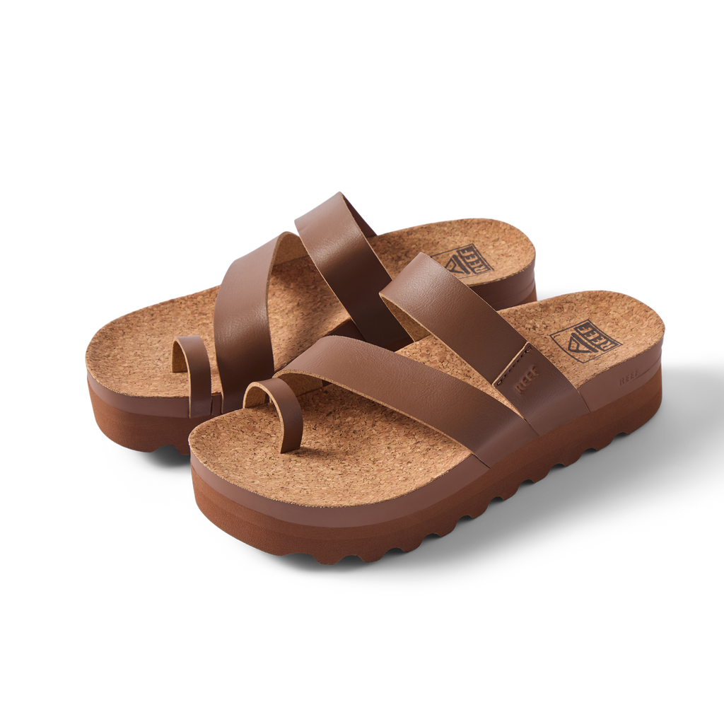 Vista Hi Layla women's brown sandals facing right, showing top and side, with cushioned arch support and cork footbed.