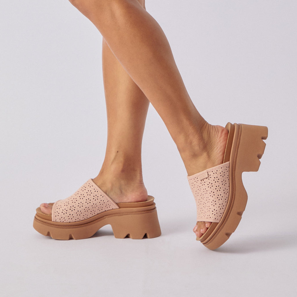 Vista Luxe Evie facing right, women's open-toe suede platform mule sandal with perforated upper and cushioned sole for comfort.