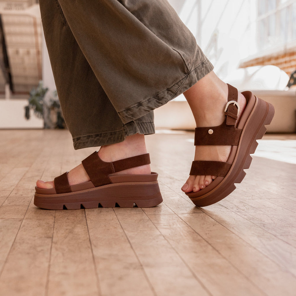 Vista Luxe Liah facing right, women's chocolate suede platform sandal with adjustable back strap and cushioned arch support for comfort