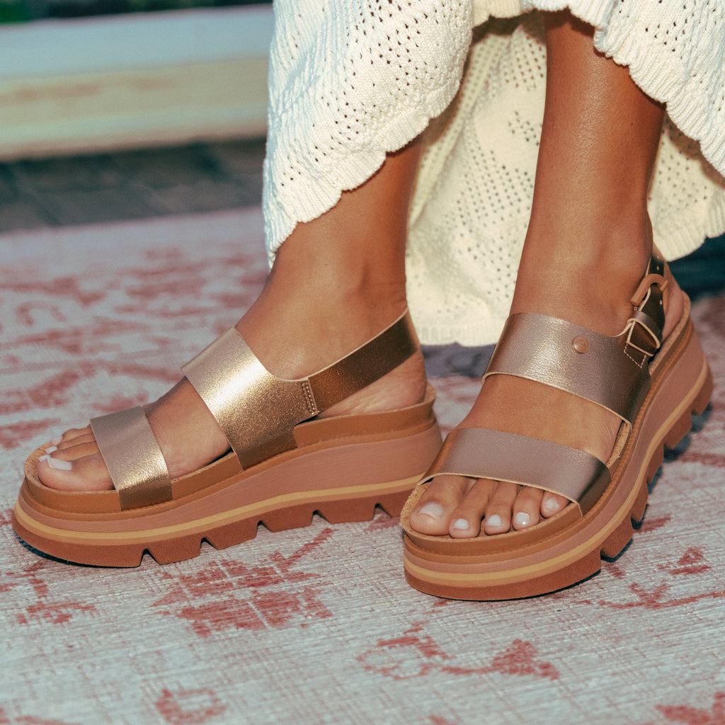 Vista Luxe Liah sandals facing forward, close-up of front and side straps in sunset bronze with cushioned platform soles.