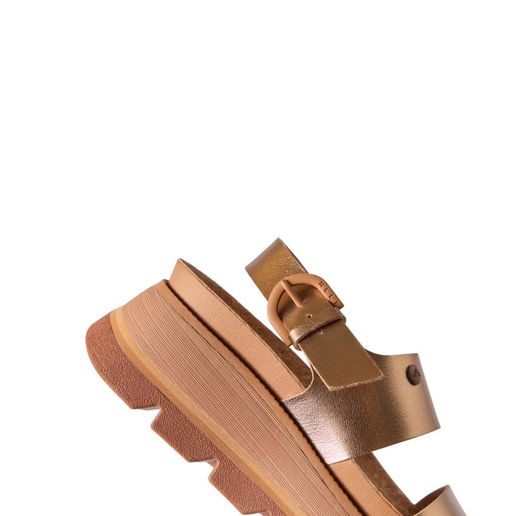Vista Luxe Liah sandal facing right, close-up of front and ankle straps in sunset bronze, showcasing comfort and arch support.