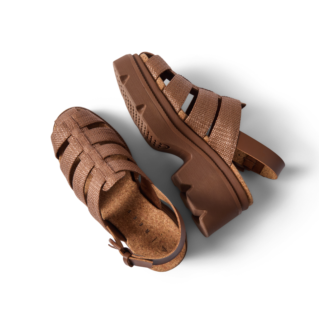 Vista Luxe Lucie women's sandals in chocolate raffia, showing top and outer side with platform sole facing right, comfort-focused design.