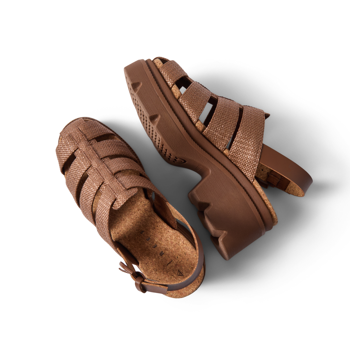 Vista Luxe Lucie women's sandals in chocolate raffia, showing top and outer side with platform sole facing right, comfort-focused design.