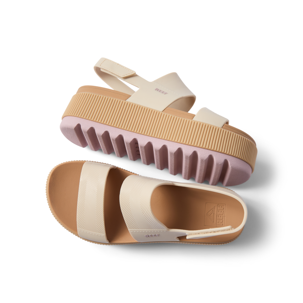 Water Vista Higher women's sandals shown from top and side with cushioned sole and textured outsole in pale mauve and cream colors.