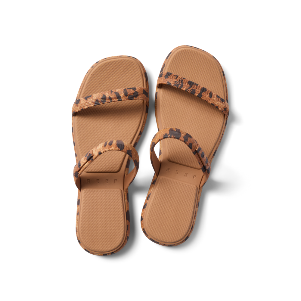 Top view of Water Willow Marina women's sandals with leopard print straps, featuring comfort and arch support for the beach.