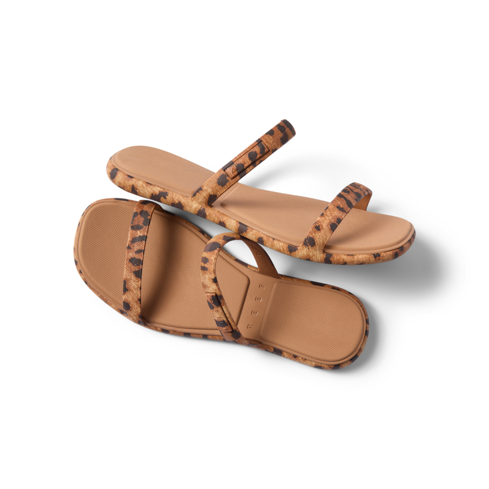 Pair of Water Willow Marina women's sandals with leopard print straps, angled right, showing top and sole views.