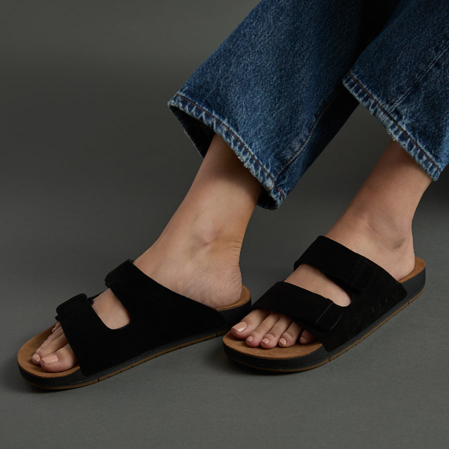 Ojai Two Bar women's black sandals facing forward, showing top view of cushioned footbed and dual straps.