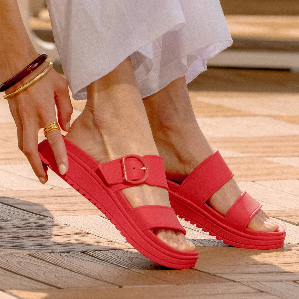 Vista Capri women's sandals facing left, close-up of top straps, cushioned sole, and adjustable buckle detail