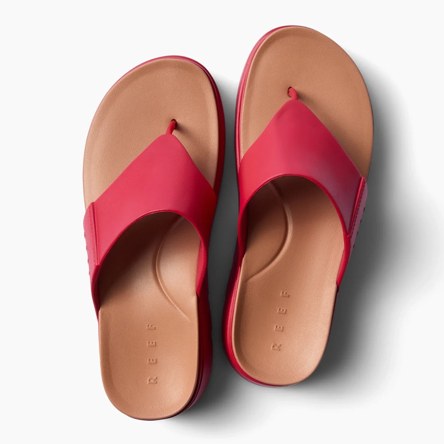 Cali Laguna women's red platform sandals top view with molded tan footbed, soft rebound cushioning and arch support, water friendly