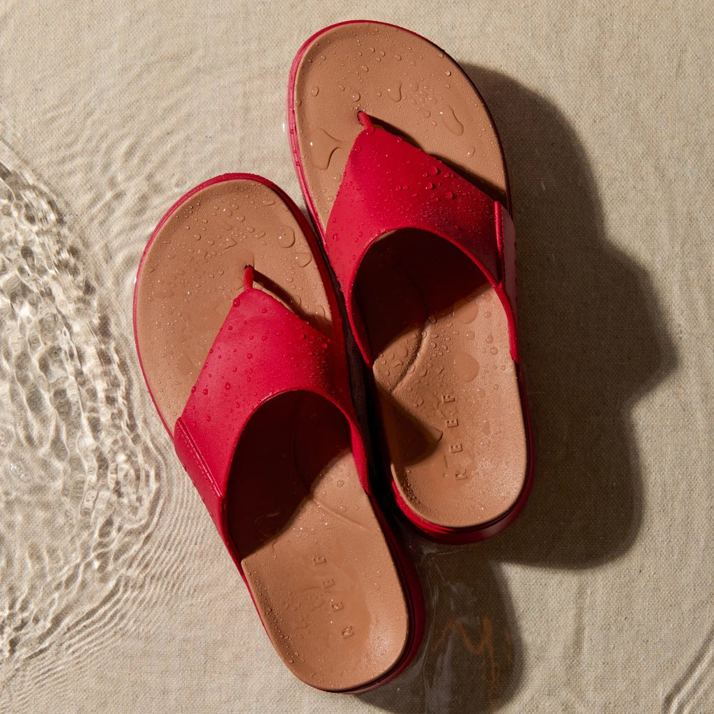 Cali Laguna red platform sandals top view showing cushioned molded footbed with water-friendly materials and arch support