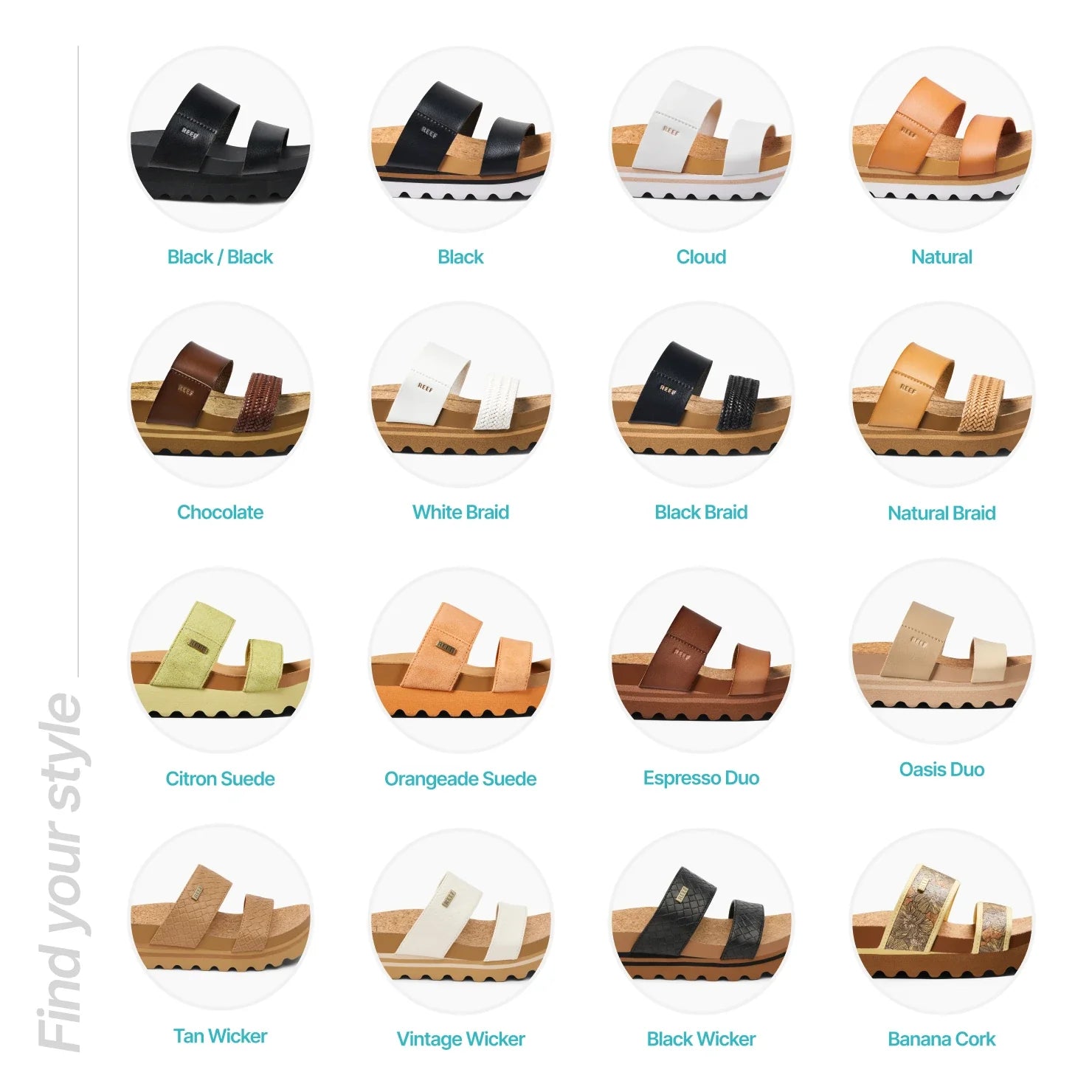 Grid of Cushioned Vista Hi women’s sandals, side view, showing various colors and surf-inspired comfort designs.
